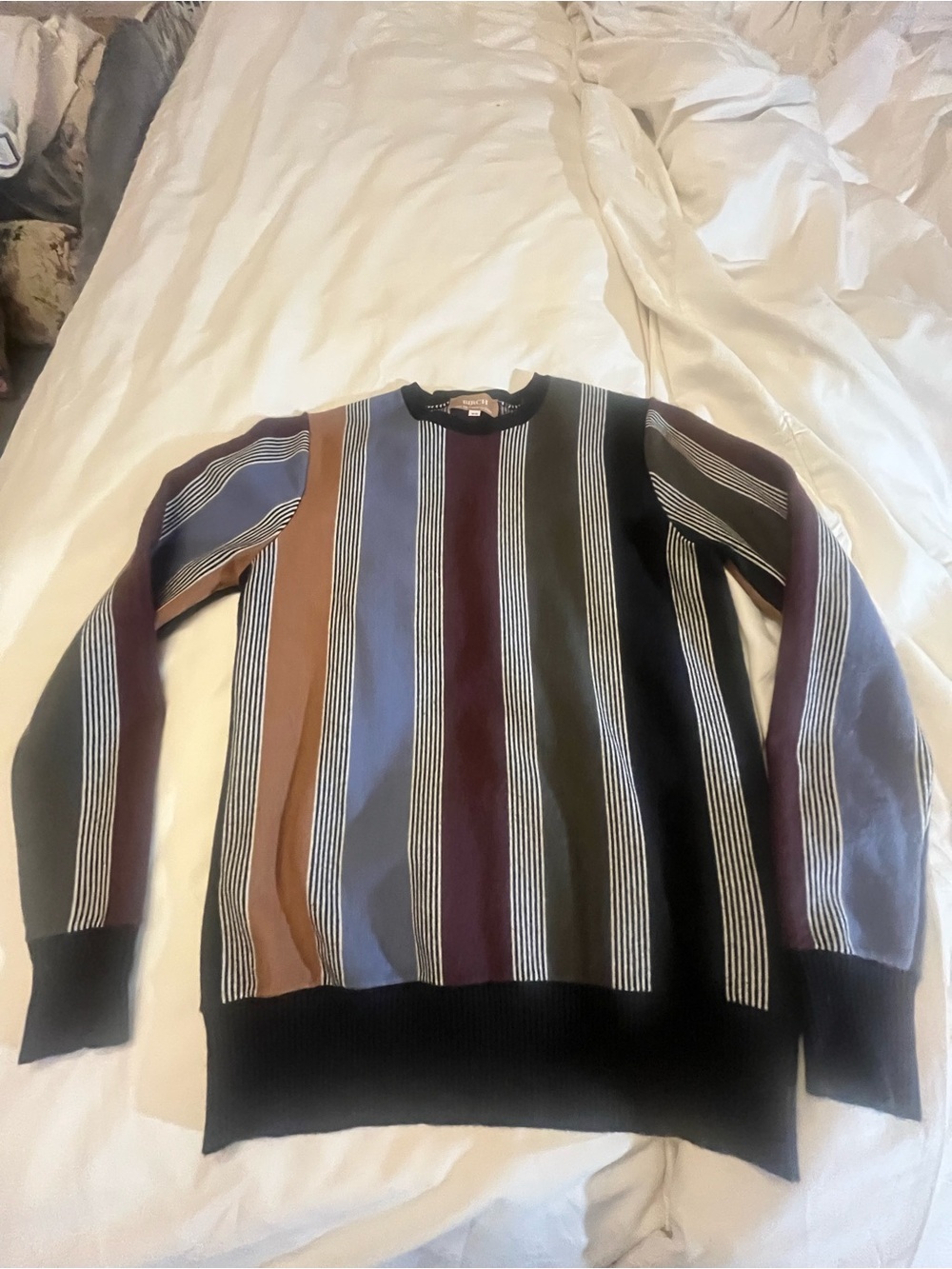 Striped Crewneck Sweater in Black, Brown, Blue, and Maroon - Women's